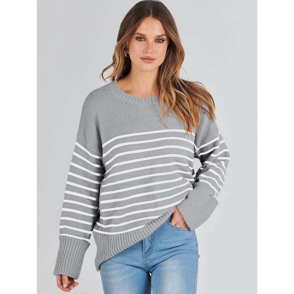 Women's Grey White Stripe Oversized Long Sleeve Casual Fuzzy Knit Sweaters - Picture 5 of 9
